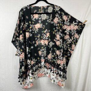 Floral Tasseled Kimono Womens M Swim Coverup Boho Beach Gypsy Layering Oversized